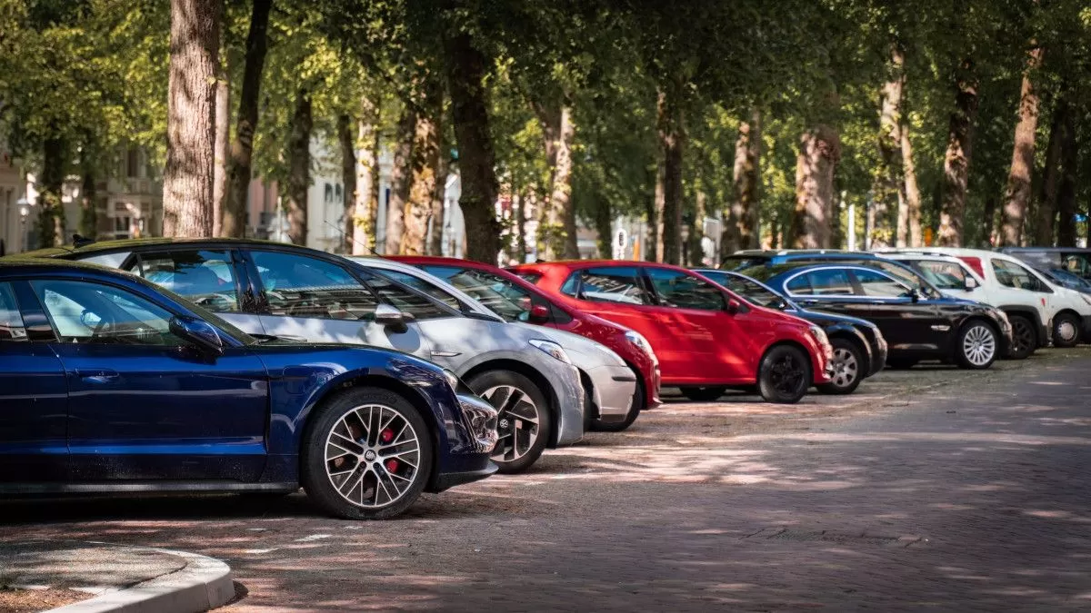 Meerdere auto's geparkeerd in rijen onder bomen.