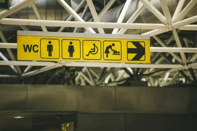 Geel bord dat de richting naar de toiletten en sanitaire voorzieningen aangeeft.